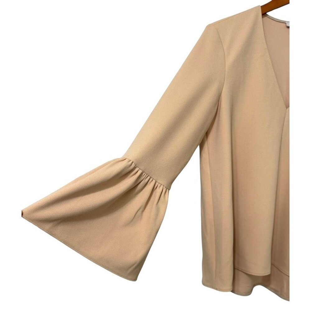 Tibi V-Neck Blouse Long Bell Sleeves Neutral Beige Crepe Modern Top Flowy Size S - Picture 3 of 9